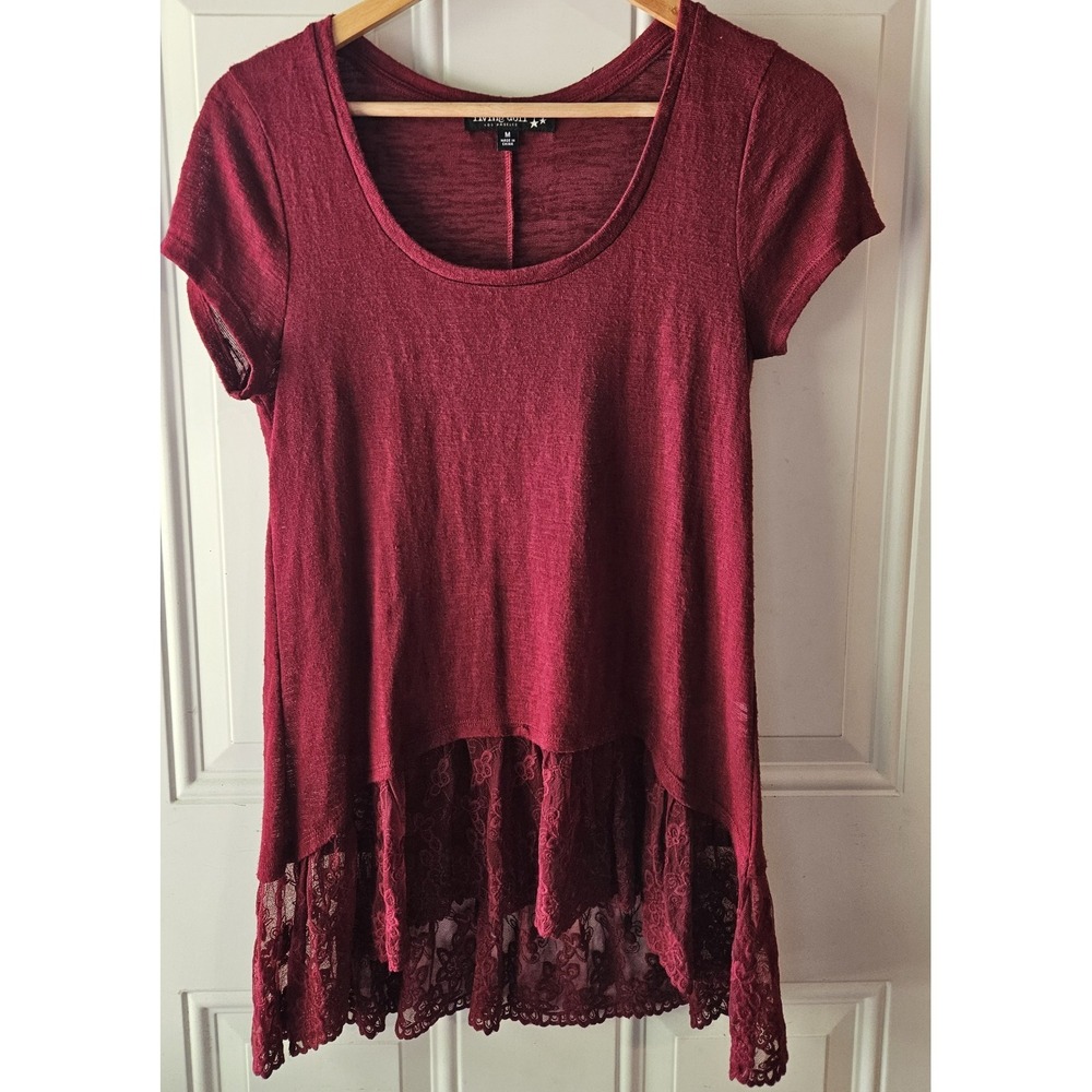 Living Doll American Rag M Burgundy Lace‎ Hem Tunic Top Boho Flowy Sheer Blouse